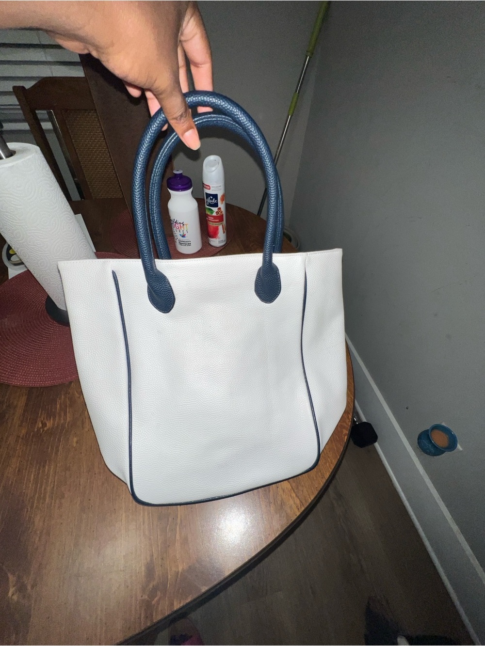White Tote Bag with Navy Trim and Handles